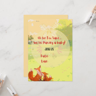 Whimsical fox, warm colours, woodland charm invitation