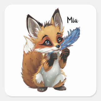 Whimsical Fox with a Feather Square Sticker