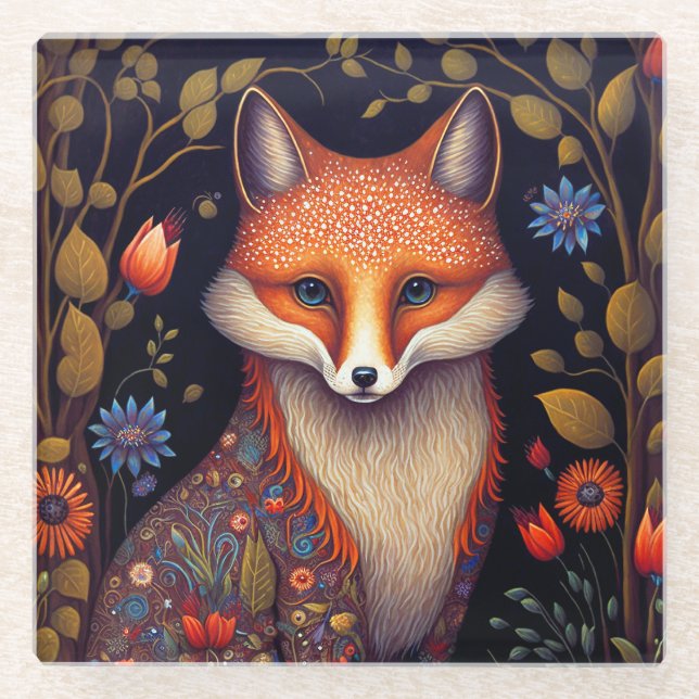 Whimsical Fox Woodland Fantasy Art Glass Coaster (Front)