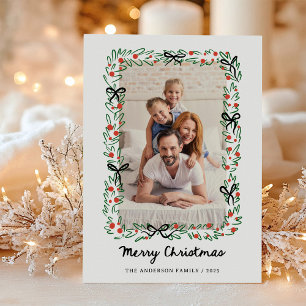 Whimsical Frame and Bow Photo Merry Christmas Holiday Card