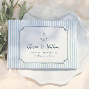 Whimsical Frame Retro Blue Stripes Wedding Guest Book