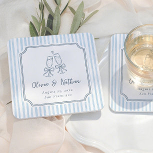 Whimsical Frame Retro Blue Stripes Wedding Square Paper Coaster