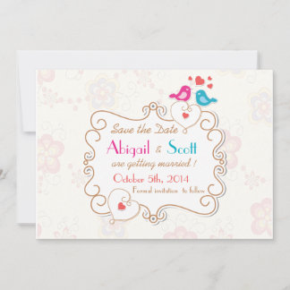 Whimsical frame with birds n hearts save the date invitation