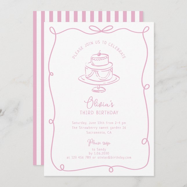 Whimsical frame with bow birthday invitation (Front/Back)