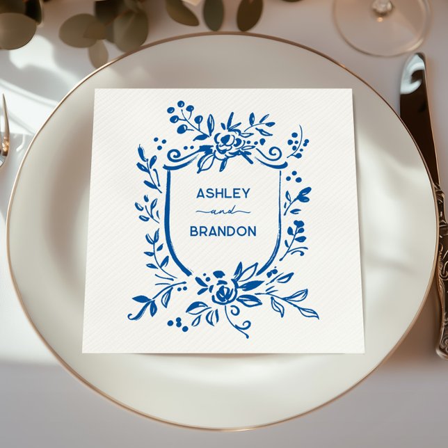 Whimsical French Blue Botanical Crest Wedding Napkin (Creator Uploaded)