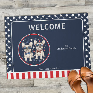 Whimsical French Bulldog Patriotic Red White Blue Doormat