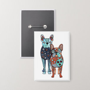 Whimsical French Bulldogs Folk Art Doodle Rectangl