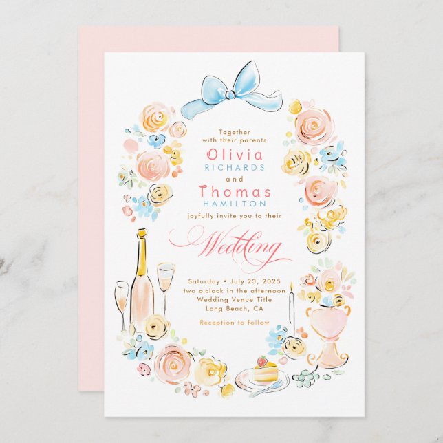 Whimsical French Floral Hand Drawn Wedding Invitation (Front/Back)