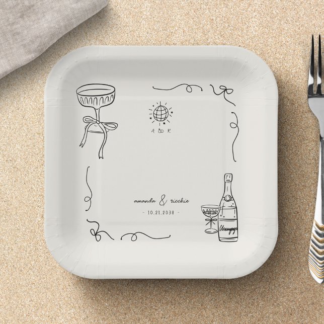 Whimsical French Fun Hand Drawn Engagement Party Paper Plate (Creator Uploaded)