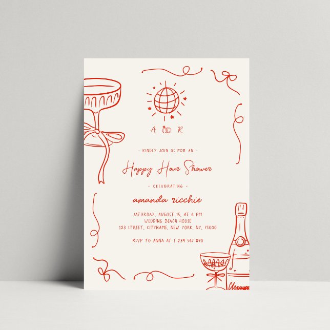 Whimsical French Fun Hand Drawn Happy Hour Shower Invitation (Creator Uploaded)