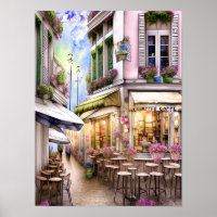 Whimsical French Street Cafe Poster, watercolour