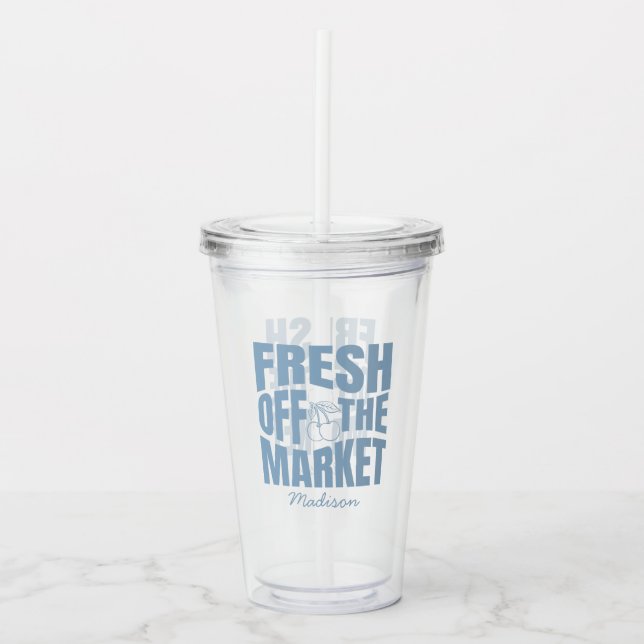 Whimsical Fresh Off The Market Blue Bridal Shower Acrylic Tumbler (Front)