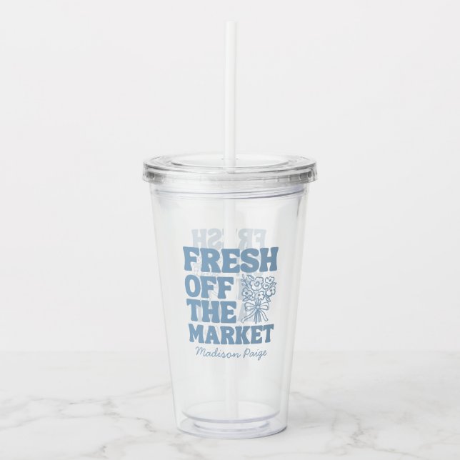 Whimsical Fresh Off The Market Blue Bridal Shower Acrylic Tumbler (Front)