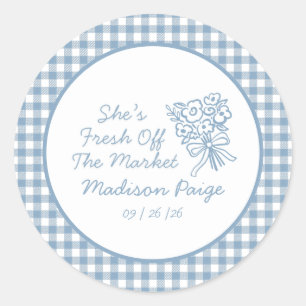 Whimsical Fresh Off The Market Blue Bridal Shower Classic Round Sticker