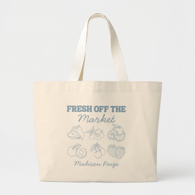 Whimsical Fresh Off The Market Blue Bridal Shower Large Tote Bag (Front)