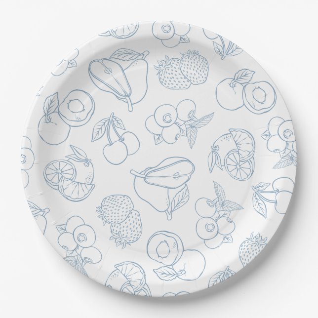 Whimsical Fresh Off The Market Blue Bridal Shower Paper Plate (Front)
