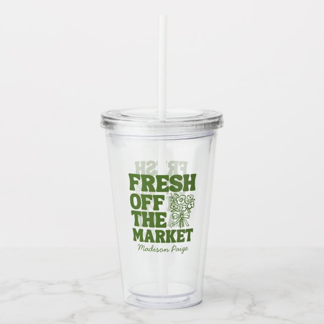 Whimsical Fresh Off The Market Green Bridal Shower Acrylic Tumbler (Front)