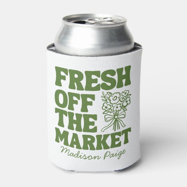 Whimsical Fresh Off The Market Green Bridal Shower Can Cooler (Can Front)