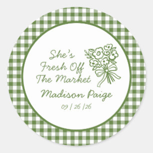 Whimsical Fresh Off The Market Green Bridal Shower Classic Round Sticker
