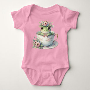 Whimsical Frog in Floral Teacup Baby Bodysuit