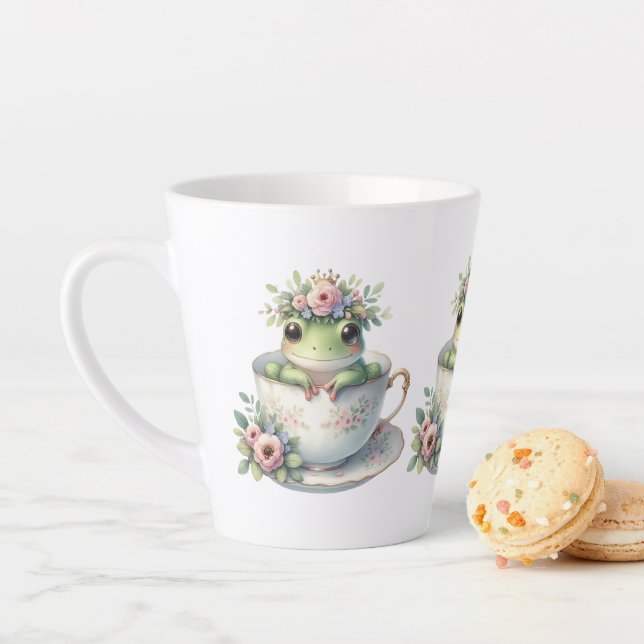 Whimsical Frog in Floral Teacup Latte Mug (In Situ)
