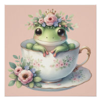 Whimsical Frog in Floral Teacup 