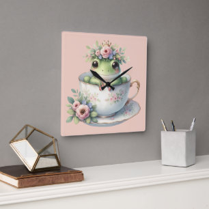 Whimsical Frog in Floral Teacup Square Wall Clock