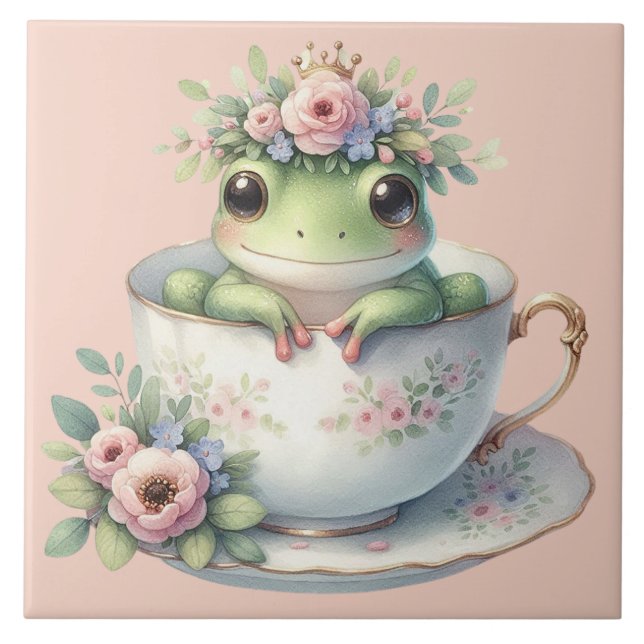 Whimsical Frog in Floral Teacup  Tile (Front)