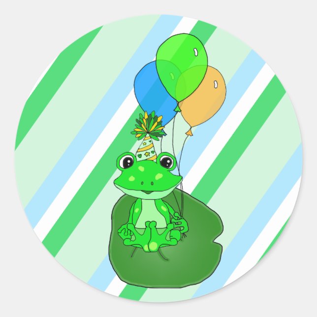 Whimsical Frog on Lily pad with Balloons Birthday Classic Round Sticker (Front)