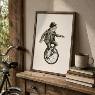 Whimsical Frog on Unicycle Vintage Style Poster