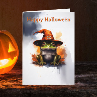 Whimsical Frog Orange Witch Hat Halloween Card