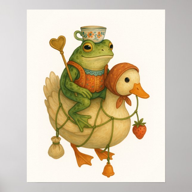 Whimsical Frog Riding a Duck Poster (Front)