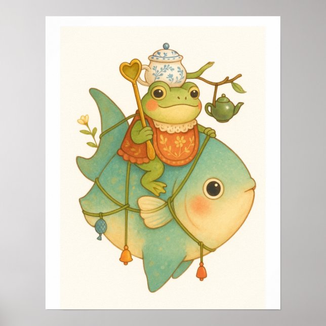 Whimsical Frog Riding a Fish Poster (Front)