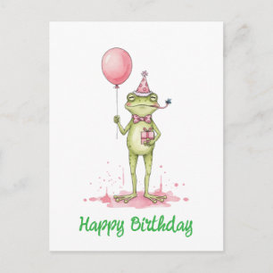 Whimsical Frog with Balloon Birthday Party Postcard