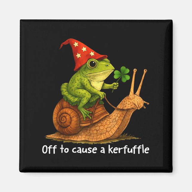 Whimsical frog wizard off to cause a kerfuffle mem magnet (Front)