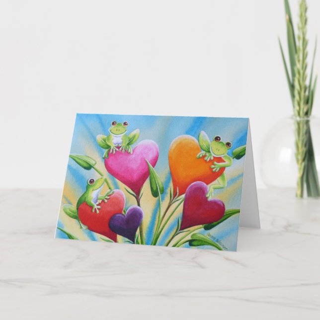 Whimsical Frogs and Hearts Watercolor Art Card (Front)