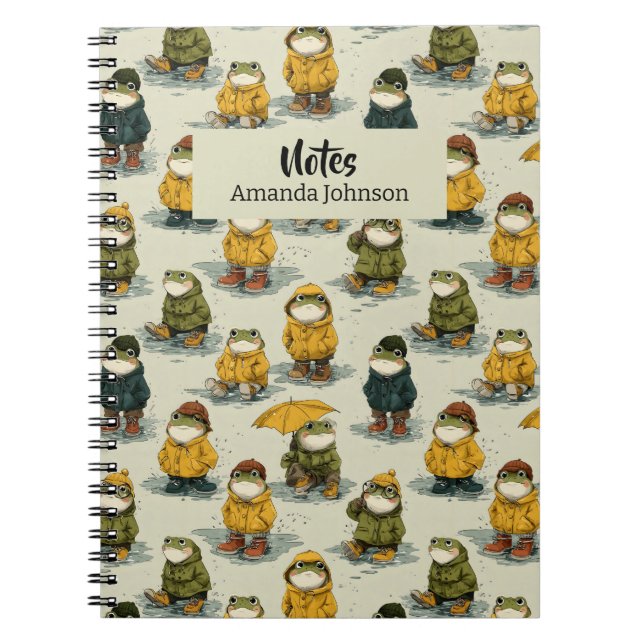 Whimsical Frogs in Raincoats Pattern Notebook (Front)