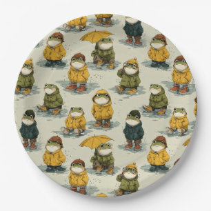 Whimsical Frogs in Raincoats Pattern Paper Plate