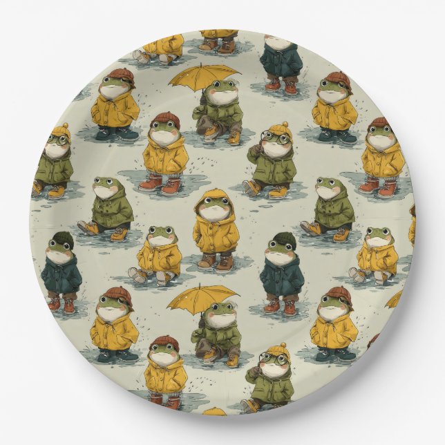 Whimsical Frogs in Raincoats Pattern Paper Plate (Front)