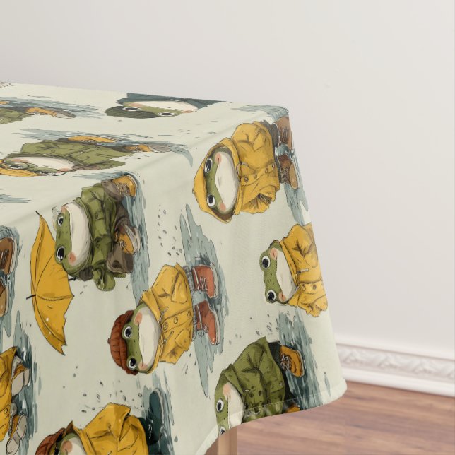 Whimsical Frogs in Raincoats Pattern Tablecloth (In Situ)