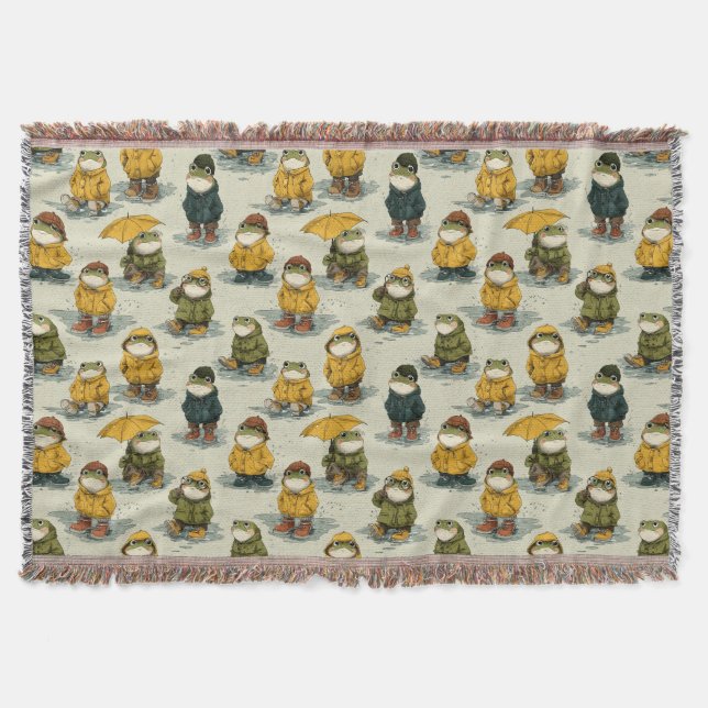 Whimsical Frogs in Raincoats Pattern Throw Blanket (Front)