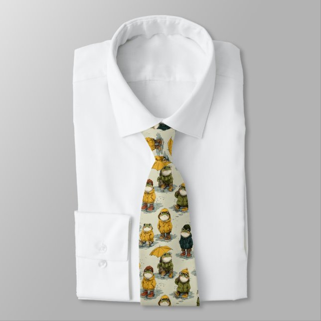 Whimsical Frogs in Raincoats Pattern Tie (Tied)