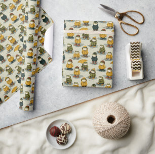 Whimsical Frogs in Raincoats Pattern Wrapping Paper