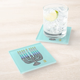Whimsical Fully Lit Menorah Giftable Glass Coaster