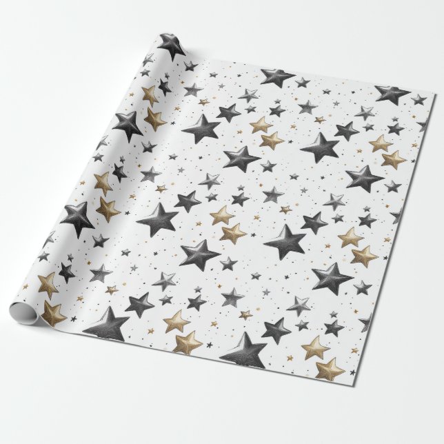 Whimsical Fun Festive Holiday Christmas Gold Stars Wrapping Paper (Unrolled)
