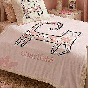 Whimsical Fun Pink Floral Cat Named Think Pink Sherpa Blanket