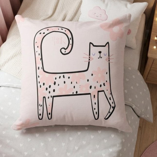 Whimsical Fun Pink Floral Cat Think Pink Cushion (Creator Uploaded)