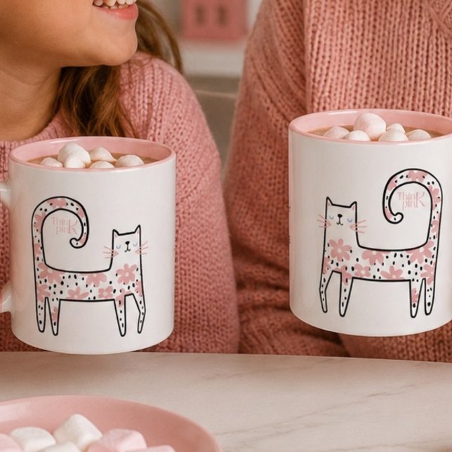 Whimsical Fun Pink Floral Cat Think Pink Mug (Creator Uploaded)