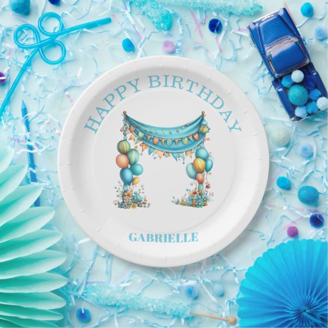 Whimsical Fun Teal Birthday  Paper Plate (Party)