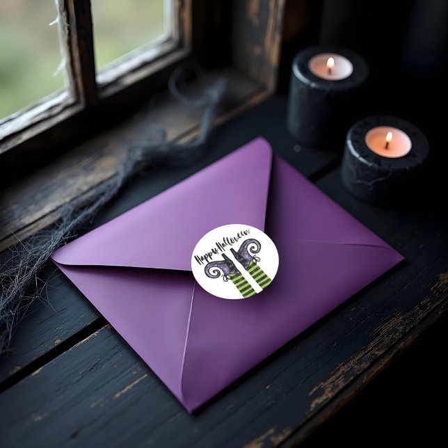 Whimsical Fun Wicked Witch Happy Halloween Classic Round Sticker (Whimsical Fun Wicked Witch Happy Halloween Classic Round Sticker)